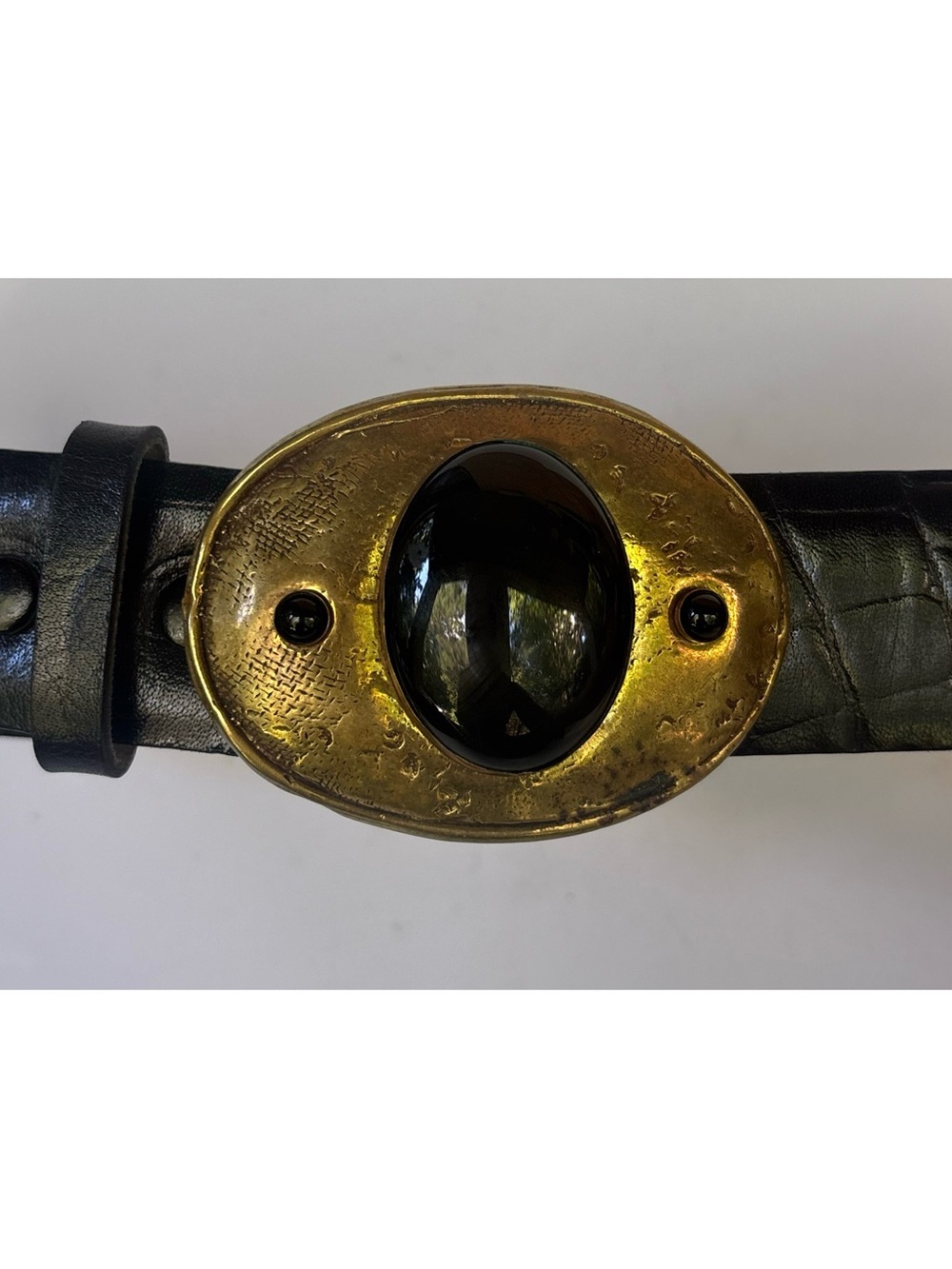 Vintage 1980’s Elaine Coyne Modernist Brass Onyx Black Leather Belt Size M